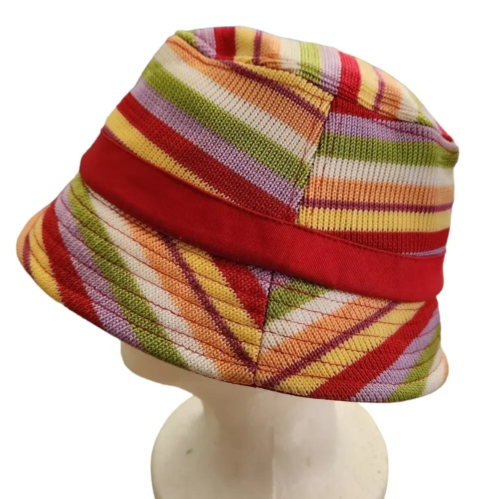 The Sak Knit Red Multi Color Rainbow Stripe Bucket Sun Beach Resort Hat NWOT